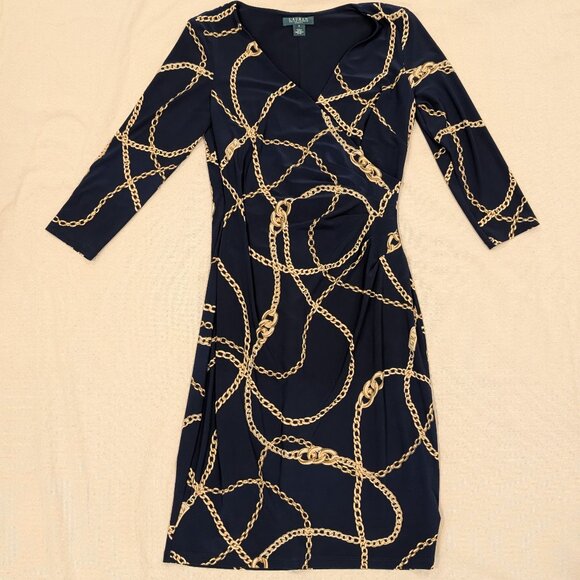 Ralph Lauren Navy Equestrian Chain Print Old Money Wrap Dress - Women's sz 8 - Picture 1 of 14